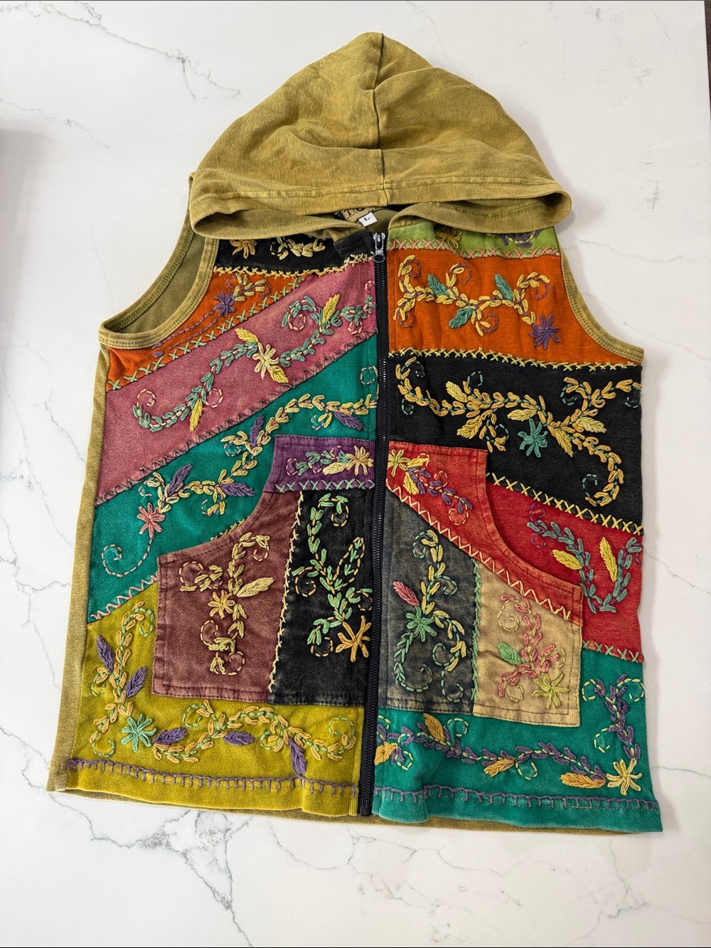 Studio Multicolor Embroidered Patchwork Hooded Vest